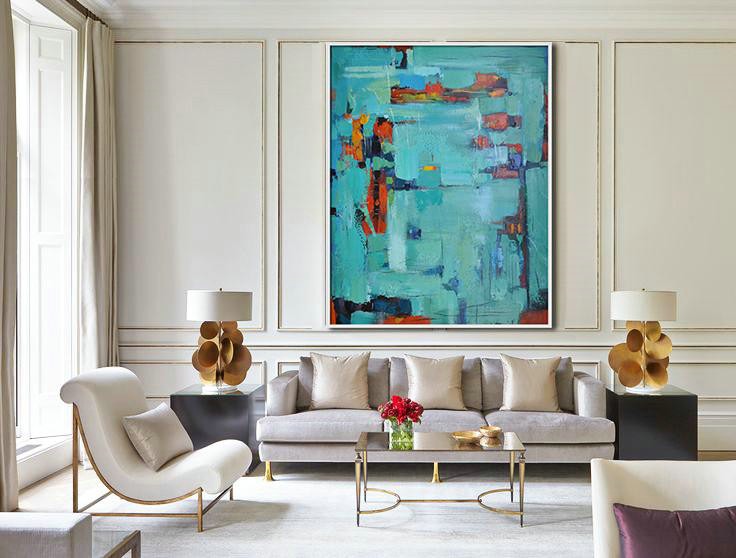 Large Oil Canvas Art,Vertical Palette Knife Contemporary Art,Large Canvas Art,Lake Blue,Red,Black.etc